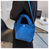 Maxbell Fashion Corduroy Tote Bag Casual Bucket Pouch Handbags Shopping Travel blue