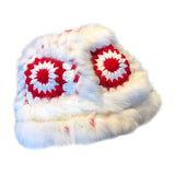 Maxbell Faux Plush Bucket Hat Furry Cute Fisherman Hat Plush for Teen Girls Red White