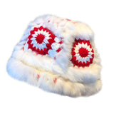 Maxbell Faux Plush Bucket Hat Furry Cute Fisherman Hat Plush for Teen Girls Red White