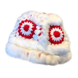 Maxbell Faux Plush Bucket Hat Furry Cute Fisherman Hat Plush for Teen Girls Red White