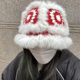 Maxbell Faux Plush Bucket Hat Furry Cute Fisherman Hat Plush for Teen Girls Red White