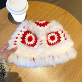 Maxbell Faux Plush Bucket Hat Furry Cute Fisherman Hat Plush for Teen Girls Red White