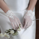 Maxbell Women Lace Glove White Floral Gloves Wrist Length Thin Bridal Gloves