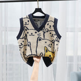Maxbell V Neck Knitted Sweater Vest Waistcoat Cute Cartoon Animal Patterns