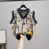 Maxbell V Neck Knitted Sweater Vest Waistcoat Cute Cartoon Animal Patterns