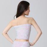 Maxbell Stretch Belly Dance Sequin Tube Top Off Shoulder Costume for Festival White