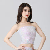 Maxbell Stretch Belly Dance Sequin Tube Top Off Shoulder Costume for Festival White