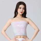 Maxbell Stretch Belly Dance Sequin Tube Top Off Shoulder Costume for Festival White