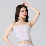 Maxbell Stretch Belly Dance Sequin Tube Top Off Shoulder Costume for Festival White