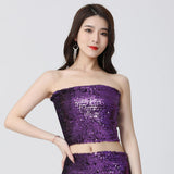 Maxbell Stretch Belly Dance Sequin Tube Top Off Shoulder Costume for Festival Purple