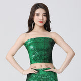 Maxbell Stretch Belly Dance Sequin Tube Top Off Shoulder Costume for Festival Green