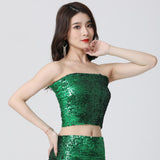 Maxbell Stretch Belly Dance Sequin Tube Top Off Shoulder Costume for Festival Green