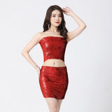 Maxbell Stretch Belly Dance Sequin Tube Top Off Shoulder Costume for Festival Red