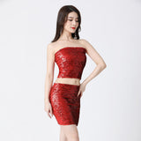 Maxbell Stretch Belly Dance Sequin Tube Top Off Shoulder Costume for Festival Red