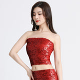Maxbell Stretch Belly Dance Sequin Tube Top Off Shoulder Costume for Festival Red