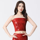 Maxbell Stretch Belly Dance Sequin Tube Top Off Shoulder Costume for Festival Red