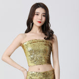 Maxbell Stretch Belly Dance Sequin Tube Top Off Shoulder Costume for Festival Aureate