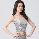 Maxbell Stretch Belly Dance Sequin Tube Top Off Shoulder Costume for Festival Argent