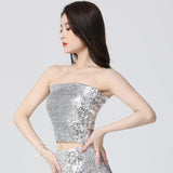 Maxbell Stretch Belly Dance Sequin Tube Top Off Shoulder Costume for Festival Argent