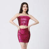Maxbell Stretch Belly Dance Sequin Tube Top Off Shoulder Costume for Festival Rose Red