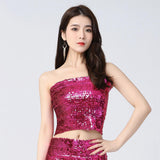 Maxbell Stretch Belly Dance Sequin Tube Top Off Shoulder Costume for Festival Rose Red