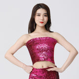 Maxbell Stretch Belly Dance Sequin Tube Top Off Shoulder Costume for Festival Rose Red