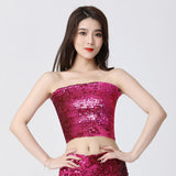 Maxbell Stretch Belly Dance Sequin Tube Top Off Shoulder Costume for Festival Rose Red