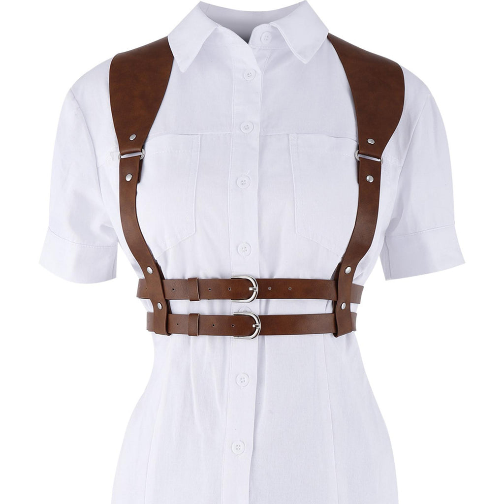 Maxbell PU Leather Punk Harness Women's Fashion Costume Body Waist Belt Steampunk Brown