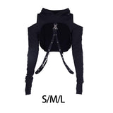 Maxbell Gothic Hooded Crop Top Pullover Black Versatile for Travel Festivals Ladies Small