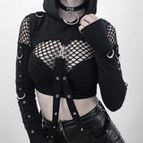 Maxbell Gothic Hooded Crop Top Pullover Black Versatile for Travel Festivals Ladies Medium