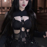 Maxbell Gothic Hooded Crop Top Pullover Black Versatile for Travel Festivals Ladies Large