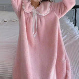 Maxbell Women Nightdress Winter Plush Loose Fit Sleepshirt Lady Loungewear Nightgown One Size Pink