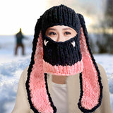 Maxbell Winter Knitted Hat Thermal Face Cover Ear Protection Rabbit Ear Beanie Hats Pink