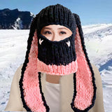 Maxbell Winter Knitted Hat Thermal Face Cover Ear Protection Rabbit Ear Beanie Hats Pink