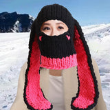 Maxbell Winter Knitted Hat Thermal Face Cover Ear Protection Rabbit Ear Beanie Hats Red