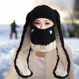 Maxbell Winter Knitted Hat Thermal Face Cover Ear Protection Rabbit Ear Beanie Hats Beige