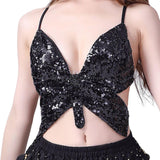 Maxbell Sequin Butterfly Crop Top Halloween Party Belly Dance Club Rave Black