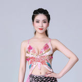 Maxbell Sequin Butterfly Crop Top Halloween Party Belly Dance Club Rave Pink