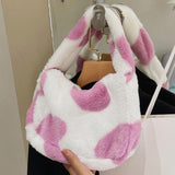 Maxbell Stylish Plush Shoulder Bag Heart Pattern Casual Tote Zipper Shopping Bags