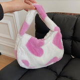 Maxbell Stylish Plush Shoulder Bag Heart Pattern Casual Tote Zipper Shopping Bags