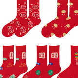 Maxbell 5 Pairs Red Cotton Socks Stockings Embroidery Socks Festival Supplies