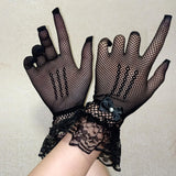 Maxbell Ladies Short Lace Gloves Tulle Wrist Length for Banquet Dress Evening Dance black