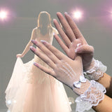 Maxbell Ladies Short Lace Gloves Tulle Wrist Length for Banquet Dress Evening Dance white