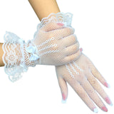 Maxbell Ladies Short Lace Gloves Tulle Wrist Length for Banquet Dress Evening Dance white