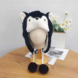 Maxbell Husky Plush Hat with Ear Flaps Cute Cosplay Costume Cap Cartoon Animal Black