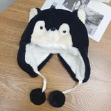 Maxbell Husky Plush Hat with Ear Flaps Cute Cosplay Costume Cap Cartoon Animal Black