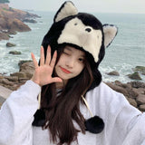 Maxbell Husky Plush Hat with Ear Flaps Cute Cosplay Costume Cap Cartoon Animal Black