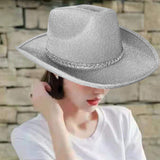 Maxbell Sparkly Glitter Cowboy Hat Wide Brim Cowgirl Hat Headwear for Carnival White