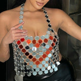 Maxbell Metal Sequins Tank Top Backless Womens Halter Vest for Club Festival Beach