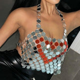 Maxbell Metal Sequins Tank Top Backless Womens Halter Vest for Club Festival Beach